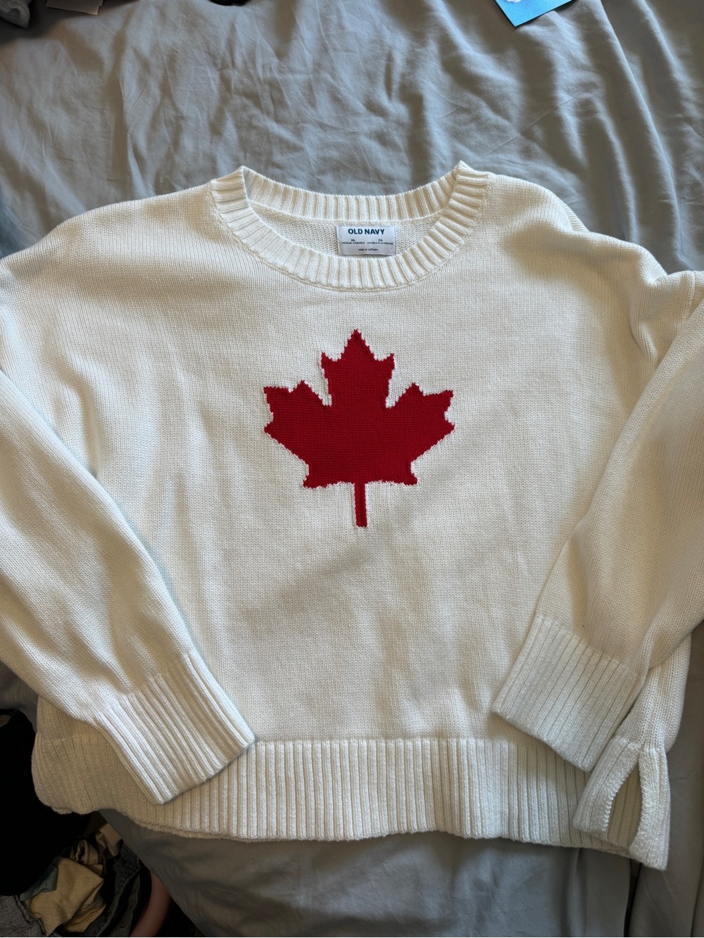 Old Navy Cream Crewneck Sweater with Red Maple Leaf Graphic